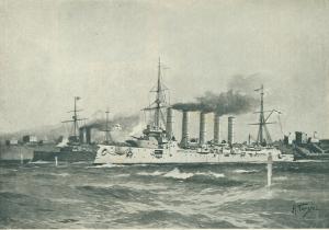 Русский крейсер «Аскольд» действующий совместно с англо-французским флотом в Дарданеллах.